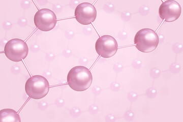 3D Pink molecule or atom floating in air on light pink background. Abstract structure for science. illustration 3d render collagen molecule concept.