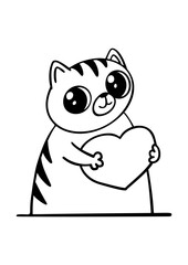 Greeting card template. Cute hand drawn cat holds a heart. Happy Valentines's Day postcard design. Suitable for t-shirt prints, cards or posters. Vector illustration EPS10