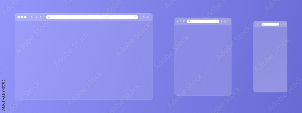 Poster transparent browser window set. window internet browser with toolbar and search bar. blank screen we
