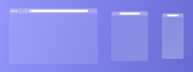Transparent browser window set. Window internet browser with toolbar and search bar. Blank screen website mockup. Template design for ui, ux, app. Vector illustration