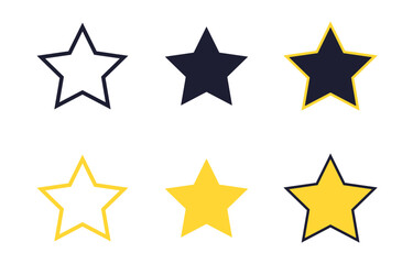 Cartoon stars icon set. Outline, fill star symbol. Sparkles collection in black and yellow colors. Template design for banner, poster, emblem. Vector illustration
