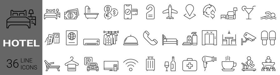 set of 36 line web icons Hotel service, apartment booking. Hostel, transfer, airport, Hotel simple thin line icons set. Editable stroke Vector illustration. Outline icon collection