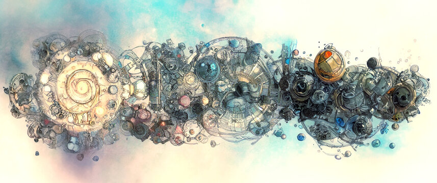 illustrazione con strutture, elementi e costrutti astratti ispirati ad arte futuristica retr&ograve;, Generative Ai