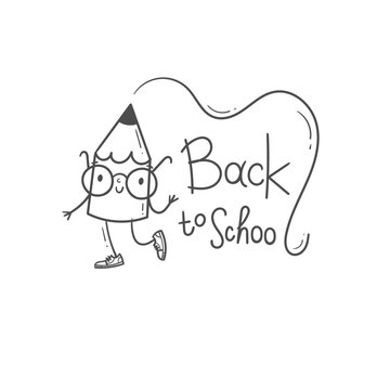 Back to school card. Vector print with a cute character. Poster with funny pencil.