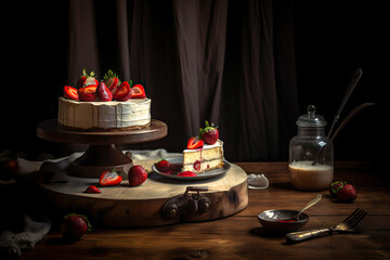 cheesecake with strawberries,cake with strawberries,Middle shot of vanilla strawberry cheesecake food Photograp