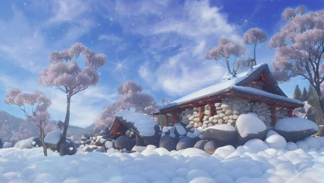 3D animation of fantasy landscape and traditional asian house building in snowy winter. seamless and repeating animated backgrounds