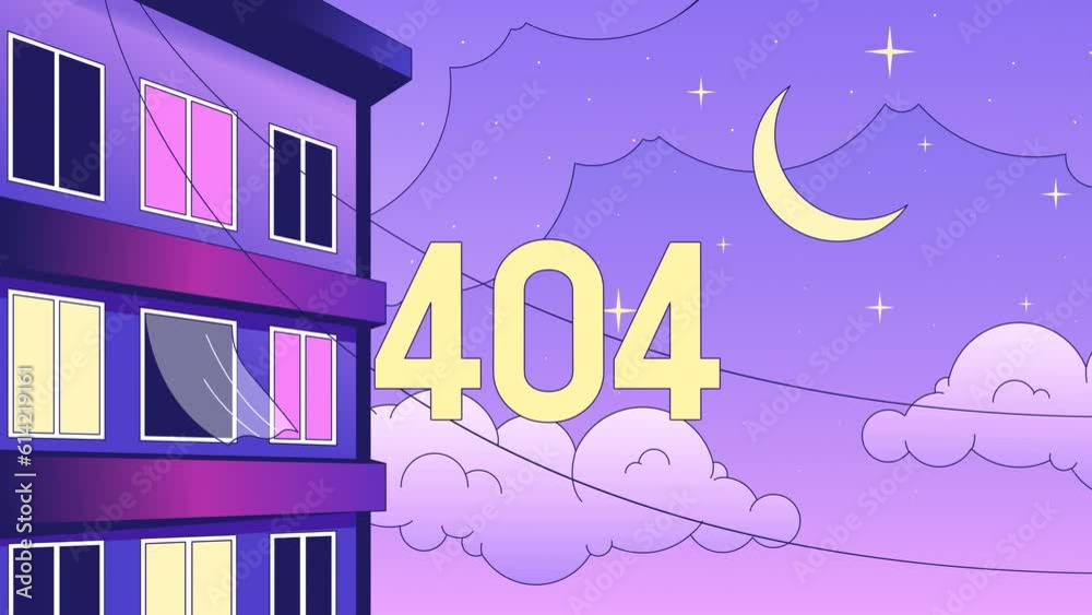 Poster apartment night 404 error animation. blinking light in windows building. empty state 4k video concep