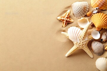 Fototapeta na wymiar Beachside Wonder. Top view Starfish and Seashells on Beach Background