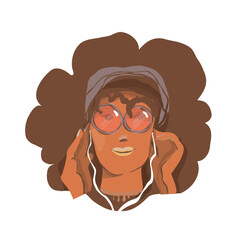 A woman listens to music with headphones. Head. Hair. Headphones. Vector