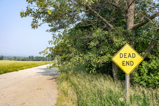 Dead end sign in front of trees along a narrow, country road.