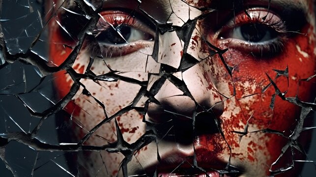 Illustration of depression, loneliness, self harm. Broken mirror reflection with blooded female face - Generative AI