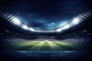 Fototapeta na wymiar Panoramic view of a large grass soccer stadium with fan stands illuminated by floodlights and spotlights. Empty night Football arena, nobody, banner template, copy space. Generative AI photo 