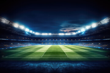Fototapeta na wymiar Panoramic view of a large green soccer stadium with fan stands illuminated by floodlights and spotlights. Empty night Football arena, nobody, banner template, text space. Generative AI photo 