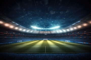 Fototapeta na wymiar Panoramic view of a large soccer stadium with fan stands illuminated by floodlights and spotlights. Empty night Football arena, nobody, banner template, copy space for text. Generative AI photo 