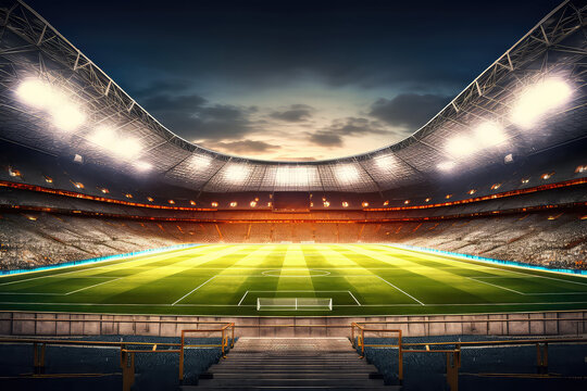 Panoramic view of a large green soccer stadium with fan stands illuminated by floodlights and spotlights. Empty evening Football arena, nobody, banner template, copy space. Generative AI photo 