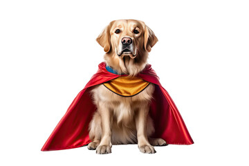 Cute dog Golden retriever with super hero costume help people and perform a mission isolated clear png background, funny moment, pet concept, with Generative Ai.