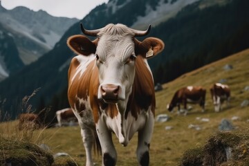 Fototapeta na wymiar dairy cow grazes in a meadow in the mountains. Generative AI