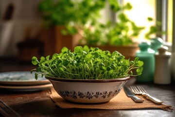 microgreens in the kitchen. Healthy eating concept. Fresh garden produce organically grown as a symbol of health. Microgreens closeup. Generative AI