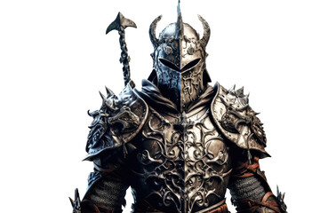 Fototapeta premium Portrait of medieval Scandinavian or Viking warrior with armor and helmet costume isolated on clear png background, epic fantasy world, with Generative Ai.