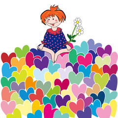 Niña feliz sentada en corazones de colores.