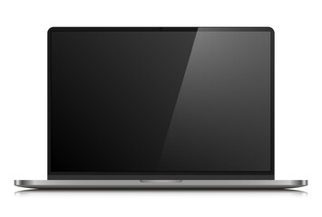Realistic laptop layout with a dark silver case. A laptop with an empty black screen with a glare on a white background. Vector illustration.
