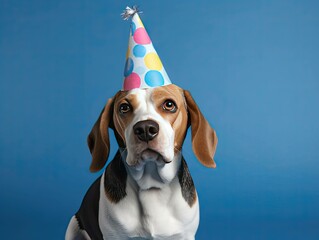 A beagle wearing a party hat on a blue background