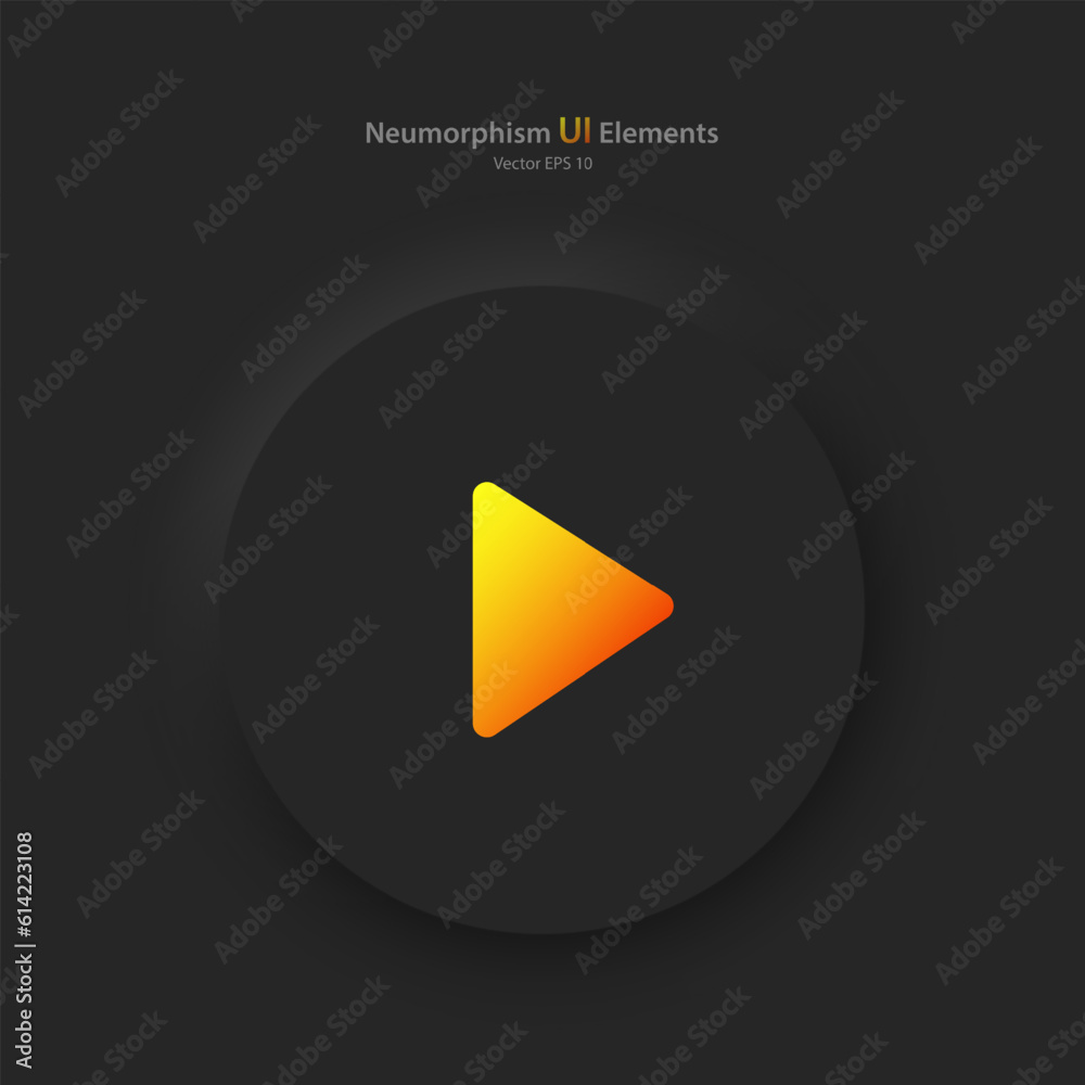 Wall mural round button with yellow-orange playback symbol on a black background. user interface elements in th