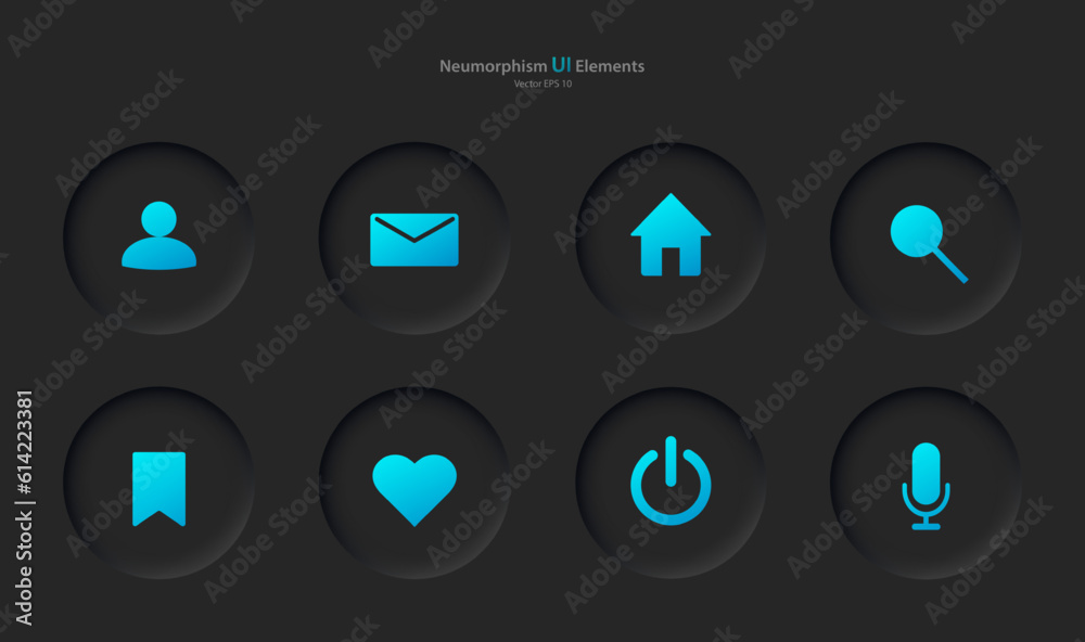 Poster a set of user interface elements for a mobile application in black with blue elements. buttons for m