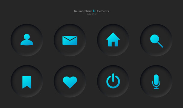 A set of user interface elements for a mobile application in black with blue elements. Buttons for mobile devices in the style of neumorphism, UI, UX. Vector EPS 10.