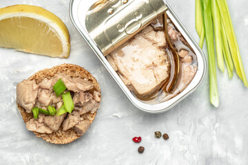 liver cod, Canned seafood, Natural source of omega 3. banner, menu, recipe place for text, top view