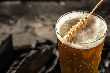 beer, wheat ears on a wooden board. banner, menu, recipe place for text