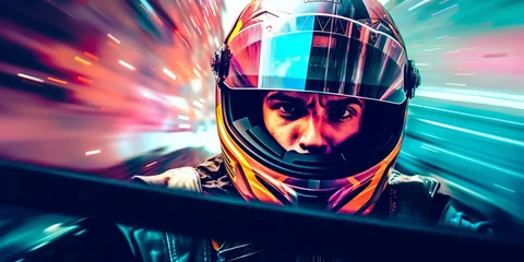 Fotobehang Formule 1 A man in a helmet driving a car on the highway. Generative Ai