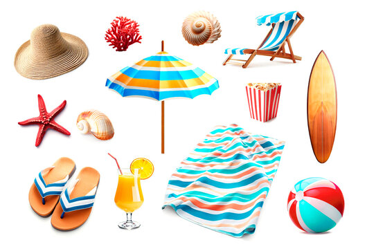 Beach items isolated on white.Summer objects set.