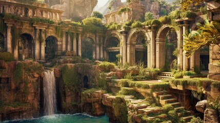 Ruins of an Ancient Civilization, Plants and Waterfalls, Fountains, Ancient Cities in the Mountains, Generative Ai