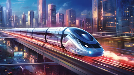 A high-speed bullet train racing through a modern cityscape, surrounded by towering skyscrapers