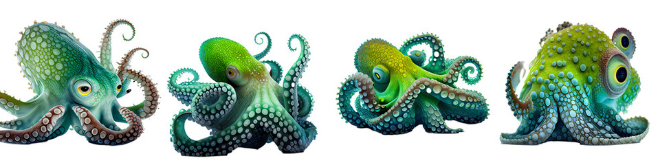 Green octopus macro on transparent background, generative ai