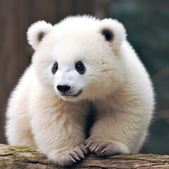 An illustration of a cute young panda bear cub with albino symptoms sitting on a tree trunk. - obrazy, fototapety, plakaty
