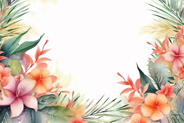 Obraz na płótnie Canvas Watercolor tropical background with hibiscus flowers and palm leaves.