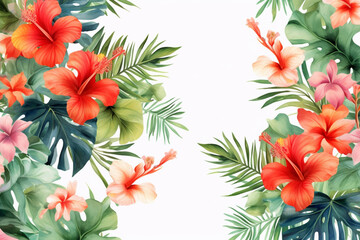 Watercolor tropical background with hibiscus flowers and palm leaves.