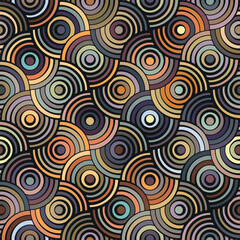 Seamless pattern. Concentric multicolor circles on a black background. Striped geometric texture. Retro vintage design of a traditional japanese motif. Vector image for textile, wrapping, and print. 