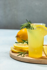 Italian lemon liqueur Limoncello shots. banner, menu, recipe place for text, top view