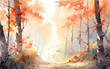 Obraz na płótnie Canvas Autumn in the red forest. Watercolor illustration. Generative AI technology.