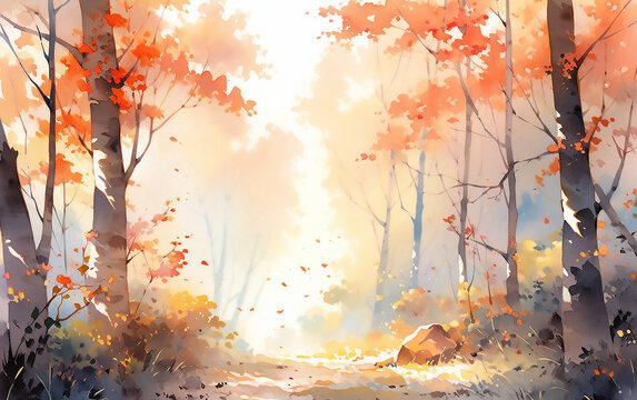 Autumn in the red forest. Watercolor illustration. Generative AI technology.