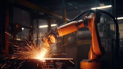 Obotic arms working at the futuristic factory ,industrial welding robots. Generative Ai