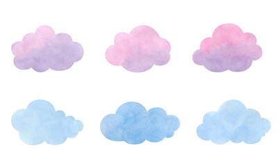
A set of pink-lilac and light blue watercolor clouds isolated on a white background. Drawn by hand. For the holiday, postcards, as a design element for decoration.