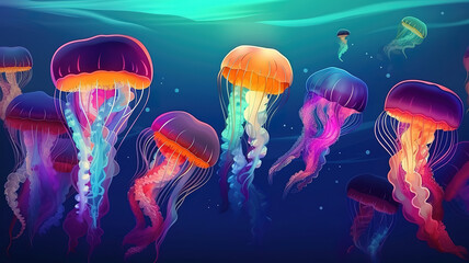 Glowing sea jellyfishes on dark background. Generative Ai