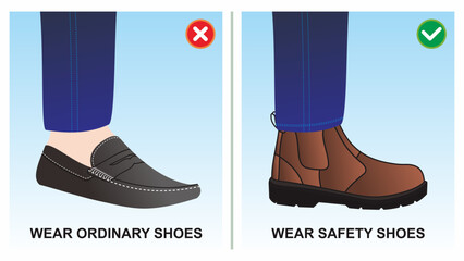 Workplace safety do's and dont's vector illustration. Awareness banner and poster design. Wear ordinary vs safety shoes. Unsafe work condition and act.