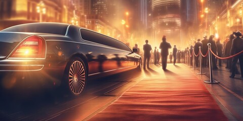 Vip people arriving limousine on sunshine background. Travel transport concept. Business success. Elegant luxury. Generative Ai - obrazy, fototapety, plakaty