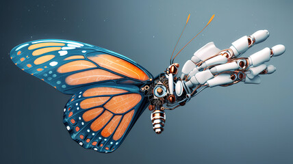 3d render of an orange butterfly sitting on a detailed robotic forefinger. Generative Ai