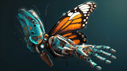 Fototapeta na wymiar Robot and butterfly on a blue sun background. Generative Ai